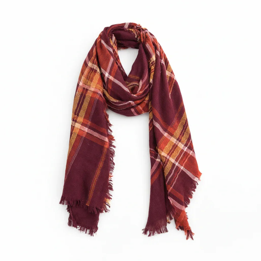 MIXIT Fall & Winter Wine Plaid Scarf with Fringe - Gomix Brands Outlet